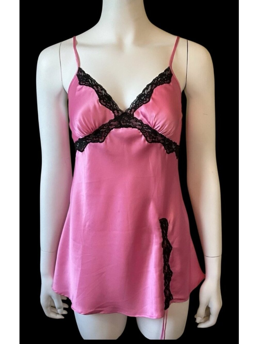 Vintage Babydoll Victorias Secret Pink S Satin Slip Dress Black Lace Ruching Y2K